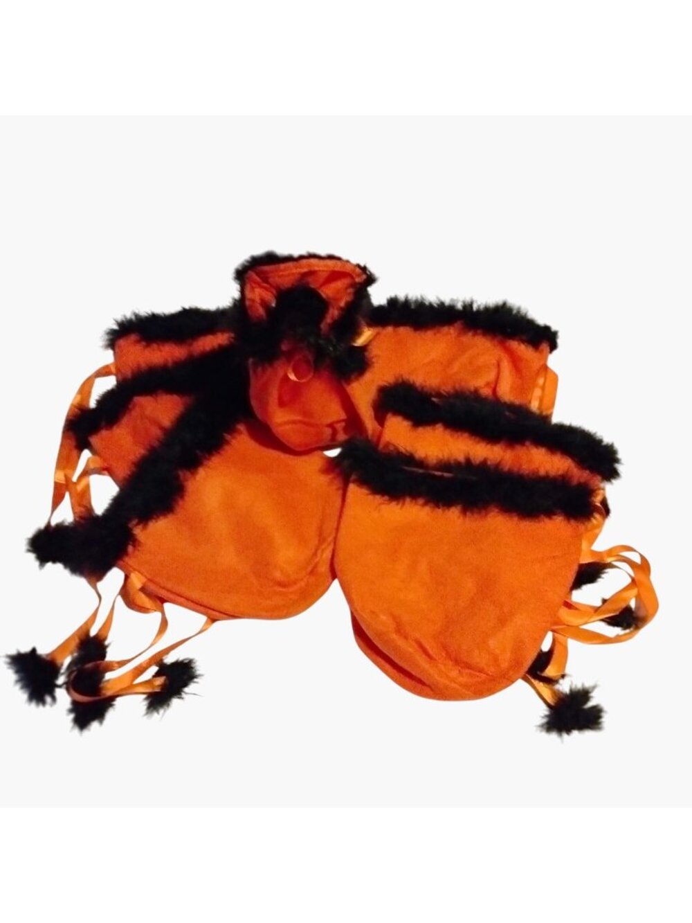 Halloween Gift Bag Fur Trim Trick Or Treat Orange Black Fuzzy Poms Lot 10